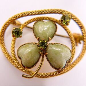 Vintage Austrian Jade Shamrock Gold Toned Pin/Brooch with Green Rhinestones